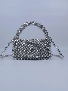 Silver Beaded Crossbody Bag Woven Acrylic Metallic Handbag For Party Evening Square Shape Fashion Gift For Women