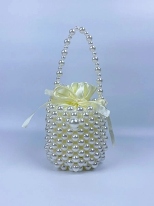 Handmade Beaded Artificial Pearl Bucket Bag For Women Vintage Woven Handbag With Satin Inner Pouch Evening Wedding Jewelry Accessory