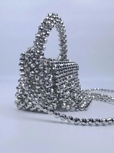 Silver beaded mini handbag for women with shimmering crossbody strap and handmade square design