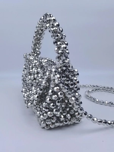 Silver beaded mini square bag with metallic beads and detachable crossbody strap