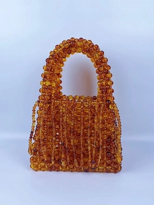 Handmade Beaded Handbag Amber Black Acrylic Hand Woven Fringe Tassel Retro Hollow Out Tote Bag For Women Vintage Party Vacation