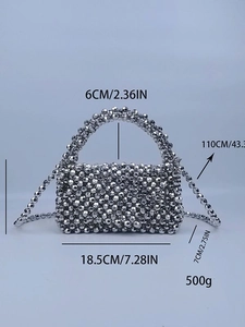 Silver beaded square handbag with top handle and shoulder strap shown with dimensions