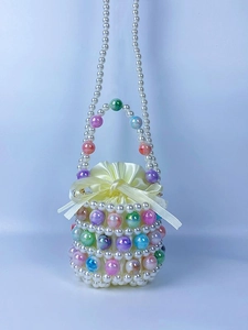 Handmade Beaded Bucket Bag Acrylic Artificial Pearl Hollow Out Woven Handbag With Satin Drawstring Inner Pouch Elegant Party For Women