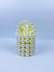 Handmade pearl beaded mini bucket bag with drawstring satin lining and gold accents