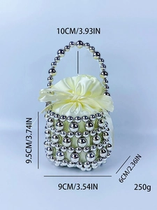 Handmade beaded mini bucket bag with silver pearls, drawstring lining and satin bow