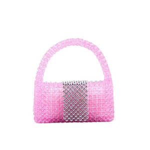 Sac à main perlé rose fait main avec bande métallique argentée et design minimaliste