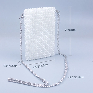 Macro shot of white beaded mobile bag with silver chain and dimension specifications