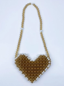 Heart Shaped Beaded Shoulder Bag Amber Acrylic Beads With White Faux Artificial Pearl Trim Handmade Woven Fashionable Niche Style