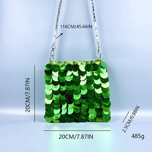 Bright green sequin shoulder bag with fish scale pattern and long silver metal chain strap