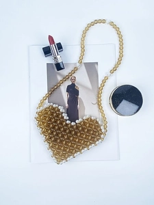 Handmade amber and pearl heart-shaped beaded shoulder bag with elegant crossbody strap