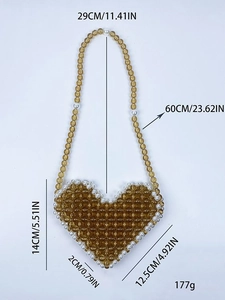 Handmade amber beaded heart-shaped shoulder bag with pearl accents and crossbody strap