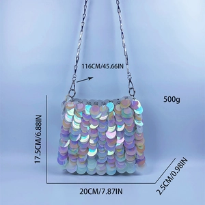 Detailed view of colorful holographic sequin crossbody bag with silver chain strap dimensions
