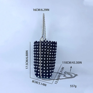 Detailed dimensions of handmade pearl bucket bag with silver chain and bead handle