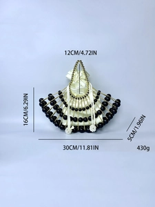 Handmade woven shell fan shape pearl evening handbag with black beads and gold frame
