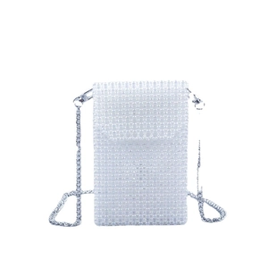 White pearl woven handmade crossbody phone bag with a sleek silver metal chain strap