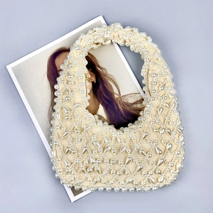 Elegant beaded pearl handbag for women featuring a vintage woven diamond pattern design