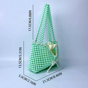 Detailed size specifications for the green handmade beaded bag with pearl bow decoration