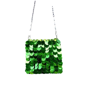 Handmade emerald green sequin shoulder bag with fish scale pattern and silver chain strap