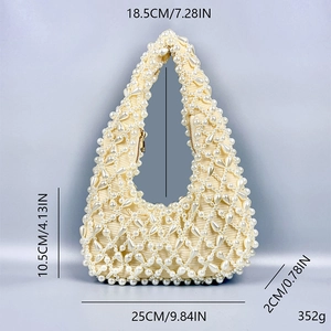 Handmade pearl beaded underarm bag for women with gold zipper and dimension markings