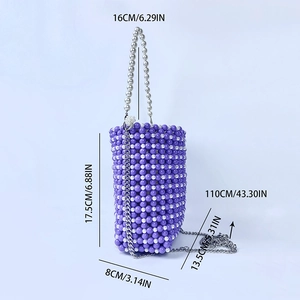 Detail showing dimensions of handcrafted purple pearl bucket bag with silver metal chain