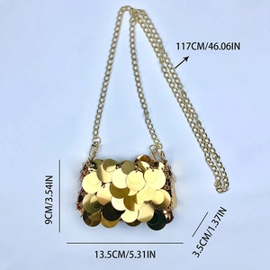 Detailed size specifications for gold sequin mini bag with dimensions and chain length