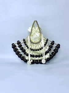 French vintage handmade fan-shaped pearl evening handbag with gold frame and black beads