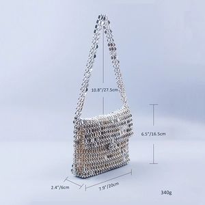 Silver beaded shoulder bag with dimensions 20cm x 16.5cm and shiny metallic finish
