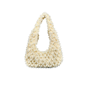 Elegant woven pearl hobo handbag for women with white beaded mesh and golden zipper