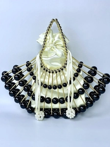 French vintage fan-shaped shell evening bag with black beads and gold metal frame