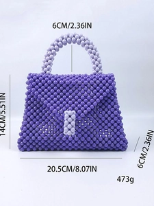 Borsa a mano viola fatta a mano in perline con dettagli di misure e manici