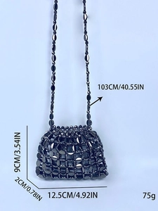 Sparkly dark grey sequin beaded shoulder bag with dimensions and strap length details