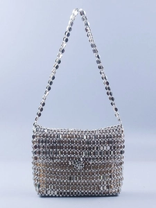 Silver Metal Sequin Disc Chainmail Shoulder Bag Vintage Handmade Woven Evening Handbag For Women