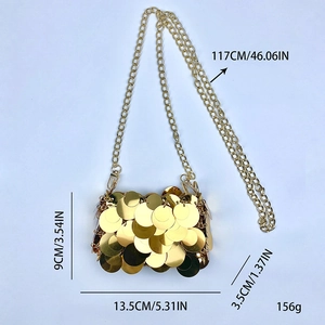 Detailed dimensions of the golden sequin mini crossbody bag with gold chain strap