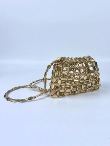 Retro gold sequin handmade woven acrylic shoulder bag with polished metallic beads