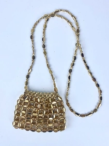 Sparkling gold sequin metallic disc mini crossbody bag with long beaded chain strap
