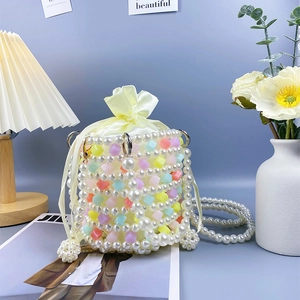 Handgefertigte Künstliche Perlen Eimertasche Bunte Acryl Kunstperle Hohl Gewebt Kordelzug Satinfutter Französischer Stil Damen