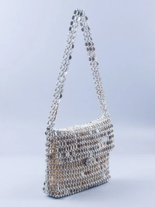 Retro silver metallic disc chainmail shoulder bag with fold-over flap and thin strap