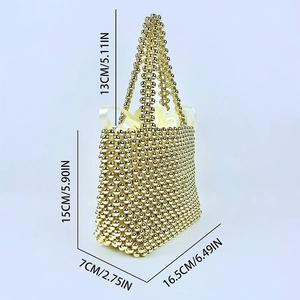 Detailed view of handmade gold beaded handbag with cream satin drawstring liner and dimensions