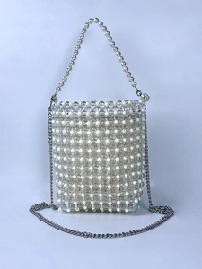 Elegant mini handmade pearl and acrylic beaded bag with silver chain strap for women