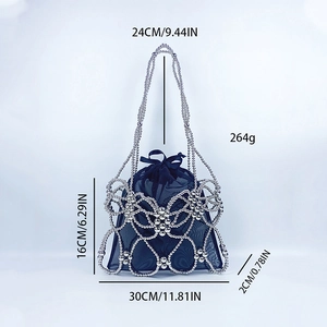 Detailed size chart of a woven silver bead handbag with 30cm width and floral pattern