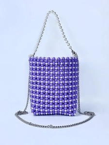 Mini pearl beaded handbag in purple and white checkered pattern with chain strap