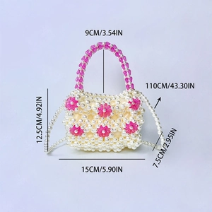 Detailed view of handmade beaded pearl bag with pink flower charms and size annotations