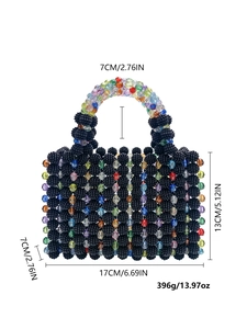 Detailed size specifications for handmade beaded handbag with colorful crystal accents
