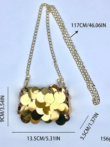 Golden sequin mini evening bag with chain strap and dimensional scale texture