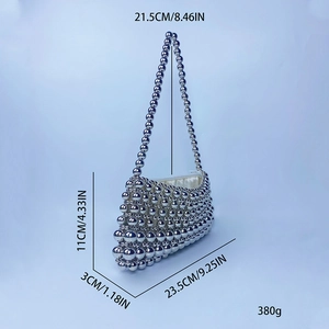 Detailed dimensions of a silver beaded handbag with strap height and product weight info