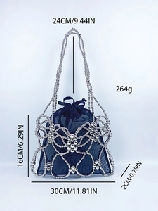Silver beaded butterfly woven shoulder bag with dimensions and black mesh inner pouch