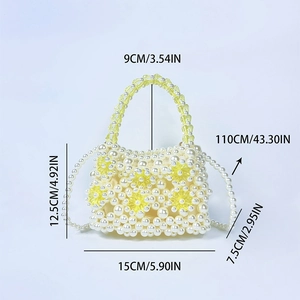 Detail view of pearl beaded mini bag with dimensions and detachable shoulder strap