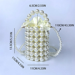 Detailed size chart of handmade pearl bucket bag with dimensions in cm and inches
