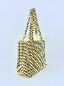 Handmade gold beaded tote bag with satin drawstring liner and dual woven handles