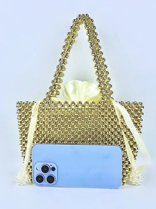 Handmade gold beaded handbag with satin drawstring liner and large pearl accents